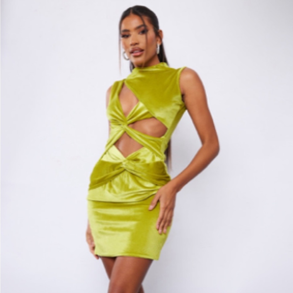 Pretty Little Thing  Size 6 Green Velour Velvet Cut out Dress